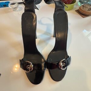 Vintage Gucci Black Heeled Sandals with Metallic Buckle size 10